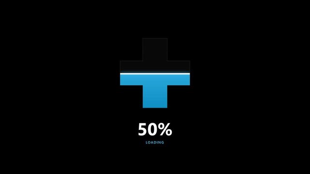 Medical cross symbol loading bar with fifty percent progress on black background.