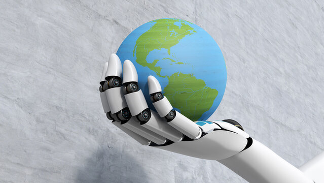 Robot holding globe, 3d rendering