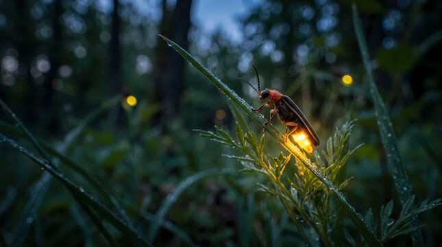 Glowing firefly resting on dew covered grass at night in a dark forest environment