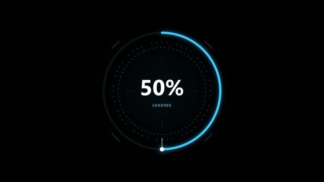 Digital loading circle indicator showing fifty percent progress on a dark background.
