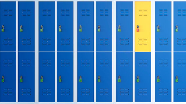 Yellow locker between rows of blue lockers, 3D Rendering