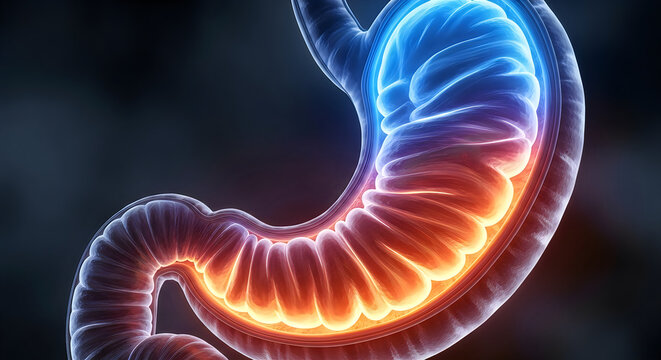 Anatomical illustration of the human stomach with digestive activity visualization