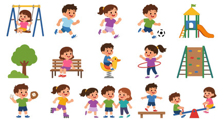 Fototapeta premium A collection of diverse cartoon children playing and engaging in various outdoor playground activities.