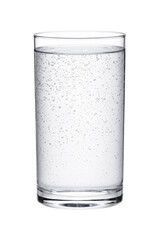 Clear glass filled with sparkling water, showcasing numerous tiny bubbles against a clean white background, emphasizing freshness and hydration © Chinases