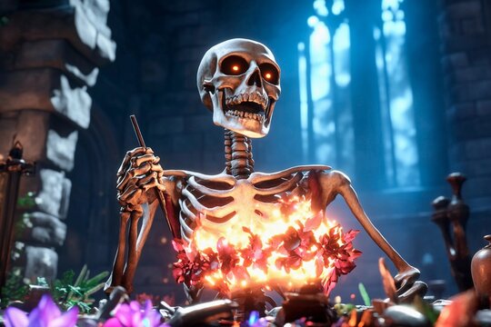 Skeleton engages in eerie celebration surrounded by gothic relics
