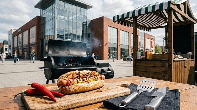 Set Hotdog sandwich Barbecue grill Crossed hot chili pepper pod knife spatula and shopping building  gourmet street fare grilled sausages fiery pepper cross culinary tools retail