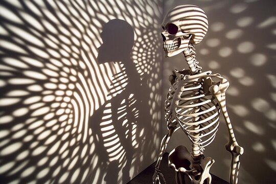 Skeleton creates light patterns on wall, showcasing artistic design in action