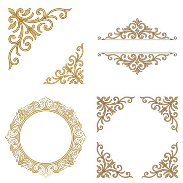 Set of elegant golden vintage floral corner and frame design elements.
