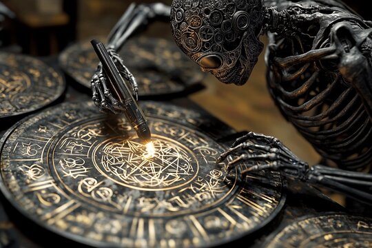 Cybernetic skeleton engraving symbols onto metal in a dimly lit workshop