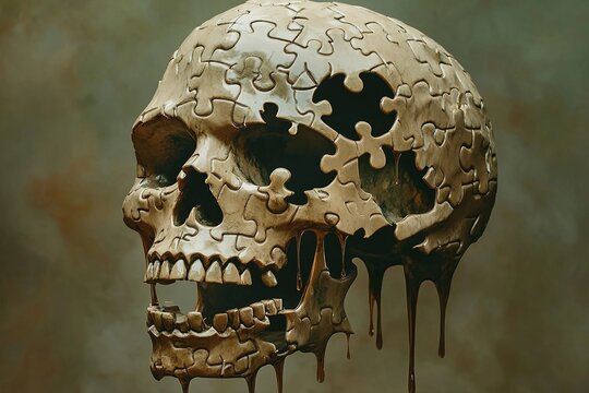 Melting puzzle skull with dripping pieces resembling flowing water