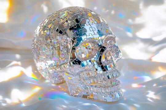 Crystalline puzzle skull reflecting rainbow light in peaceful indoor setting