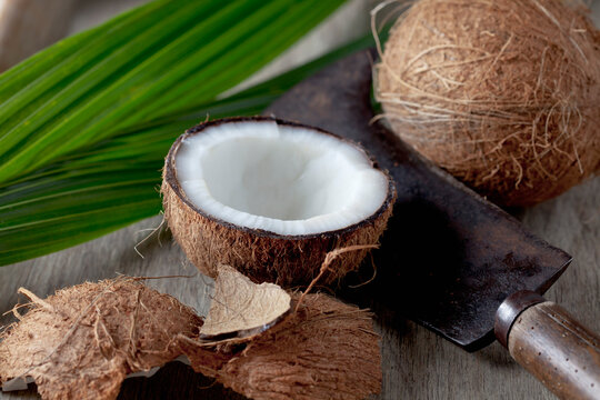 Coconuts with sickle, close up