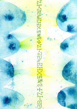 Abstract watercolor painting features enigmatic asemic writing