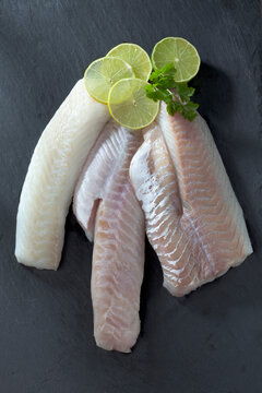 Fish fillets of codfish, redfish and coalfish with slices oon grey ground