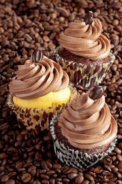 Three cup cakes in paper cups on coffee beans