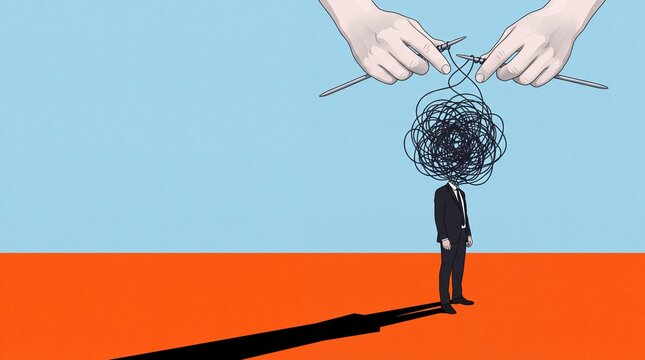 A businessman standing on an orange floor while giant hands knit his tangled messy thoughts with knitting needles unravel businessman suit stands tangled mess black, 4k Resolution