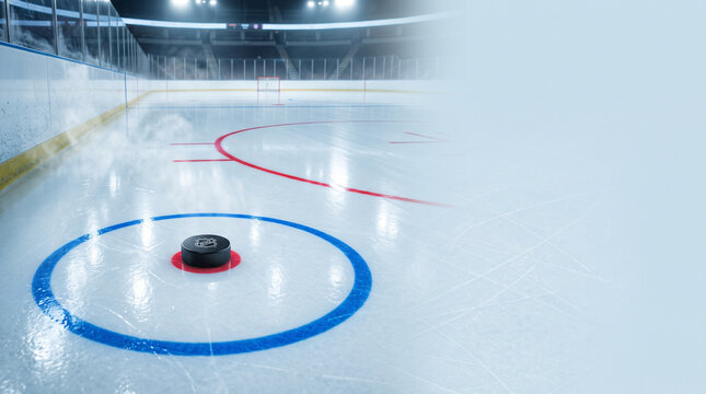Ice hockey puck on the red faceoff dot of ice rink arena with stadium lights. Winter sports game championship promotional banner with copy space.
