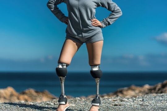 Young athletic woman with prosthetic legs standing near blue ocean coast