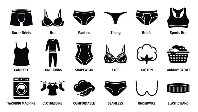 Set of underwear icons. Lingerie, undergarment, clothes washing, laundry care, comfortable apparel, textile, cotton, lace, seamless, elastic band symbols.