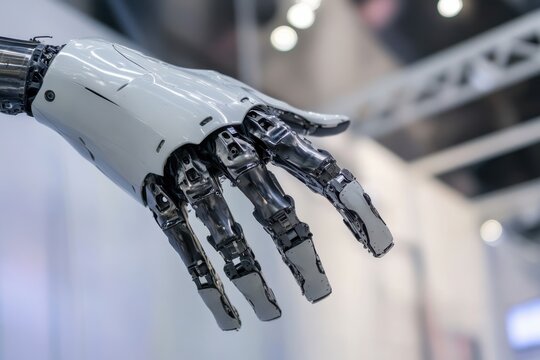 Detailed view of advanced bionic prosthetic arm in modern indoor setting