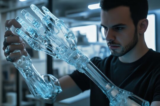Man demonstrates advanced transparent bionic prosthetic arm in laboratory room