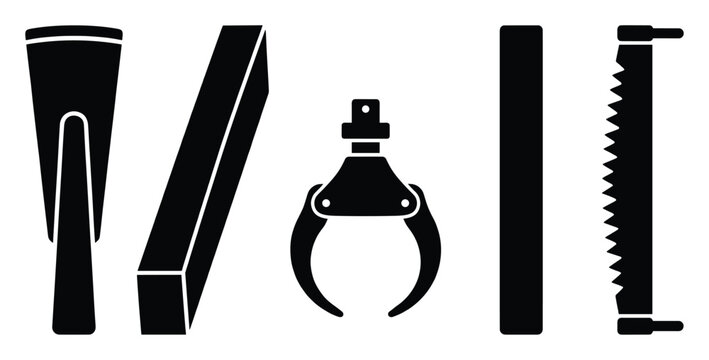 Set of industrial tool icons. Wedge, wood beam, mechanical claw, saw, construction symbols. Solid pictogram for engineering and repair.