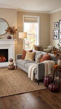 Cozy living room with fireplace, sofa, and autumn decor. Represents seasonal comfort and home warmth, perfect for lifestyle or interior design concepts.