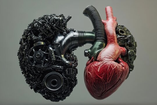Surreal fusion of anatomical human heart and complex mechanical engine parts