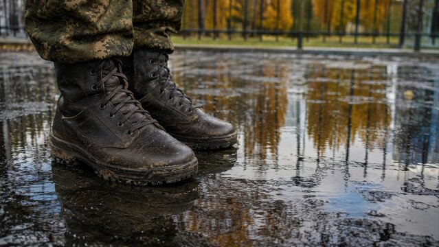 Muddy military boots standing in rain puddle