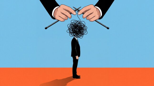 A businessman standing on an orange floor while giant hands knit his tangled messy thoughts with knitting needles unravel businessman suit stands tangled mess black