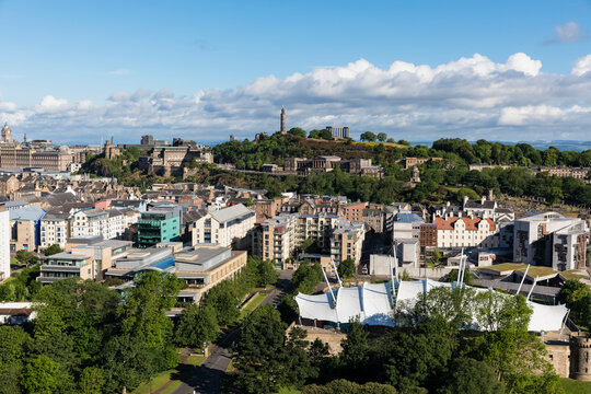 Great Britain, Scotland, Edinburgh, Calton Hill, Nelson Monument, Dugald Stewart Monument, National Monument of Scotland, New Parliament House, Scottish Government and Dynamic Earth