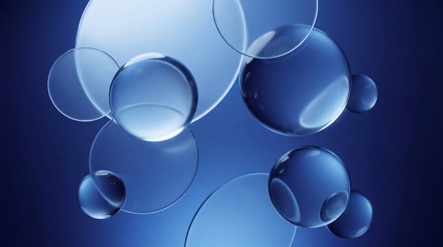 Floating transparent glass spheres on a gradient blue background reflecting light with background soft reflections multiple clear glass float against smooth with orbs varying