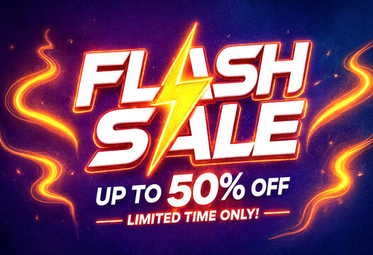 Bright flash sale banner with lightning bolt design offering discounts up to fifty percent
