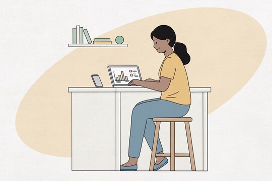 Businesswoman analyzes financial charts on laptop at office desk