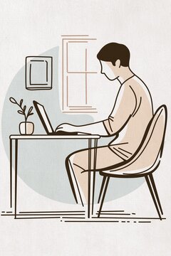 A man works on a laptop at a desk in an office