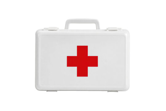 Clean white plastic first aid kit with a prominent red cross symbol, isolated on a bright white background