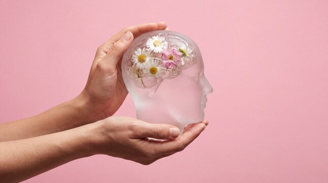 Hands gently holding a translucent glass human head sculpture filled with fresh white daisies and pink blossoms against a soft pink background with floral blooms