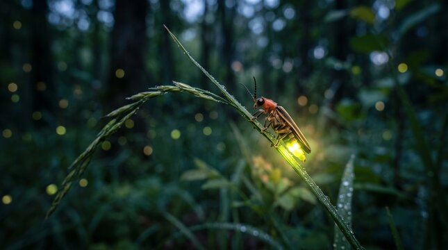 Firefly glowing on a blade of grass in a dark forest at night