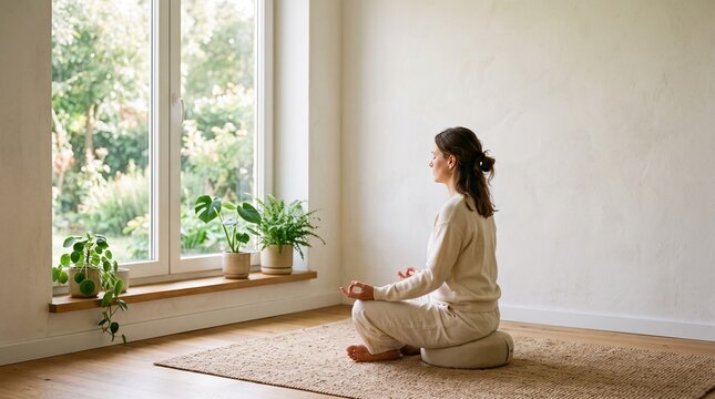 Woman meditating peacefully in bright natural light with indoor plants and cozy window seating