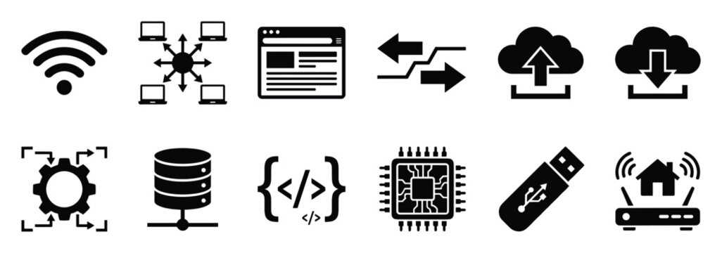 Information technology icons. Wifi, networking, web browser, data transfer, cloud computing, database, software, hardware, storage, smart home elements.