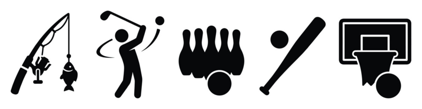 Set of sport activity icons. Fishing, golf, bowling, baseball, basketball symbols. Game equipment, recreation, hobby pictograms. Leisure time, active lifestyle signs.