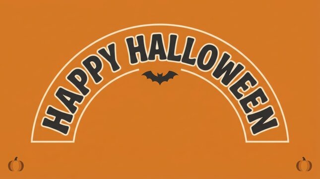 Happy halloween greeting card design with arched text and a small bat on an orange background