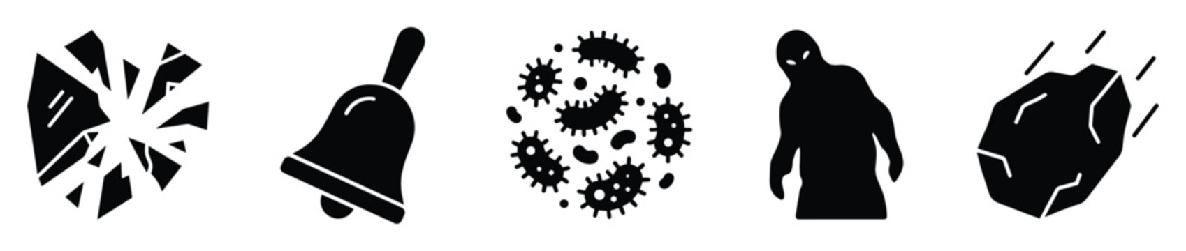 Set of warning and danger icons. Broken glass, alarm bell, germ, monster, falling rock symbols. Threat, hazard, alert vector collection.