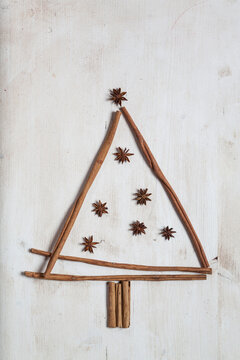 Christmas tree shaped by cinnamon sticks and star anise