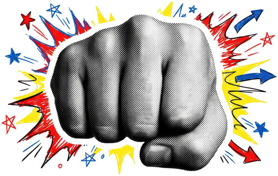 Clenched fist with comic book explosion background.