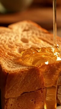 Golden honey dripping onto thick slice of toasted bread.
