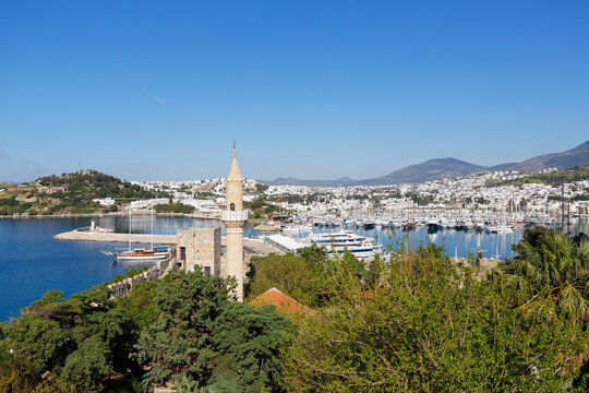 Turkey, Bodrum, View of Matina and castle Mosque