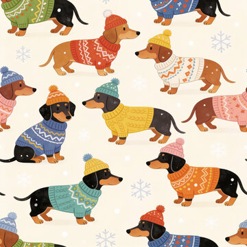 Adorable Seamless Pattern of Cute Dachshund Dogs Wearing Colorful Knitted Sweaters and Winter Hats for Holiday Christmas Design
