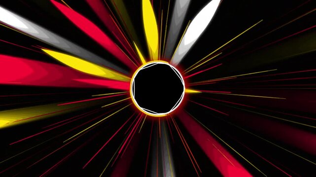 Abstract radial light burst motion background, with glowing red, yellow, and white, beams and central, dark circle