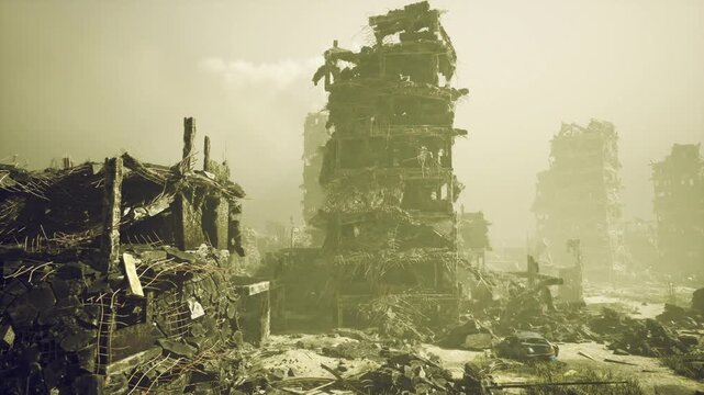 Overgrown ruined tower shrouded in haze, sunlight filtering through mosscovered concrete, collapsed facades, scattered rubble, wild grasses reclaiming pavement,